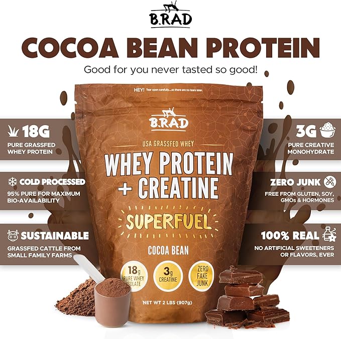 B.rad Superfuel - Grass Fed Whey Protein Isolate Boosted with Creatine | Ultra-Pure, All-Natural Clean Ingredients | 2 Pounds | 100% USA Sourced | Cocoa Bean (Chocolate)