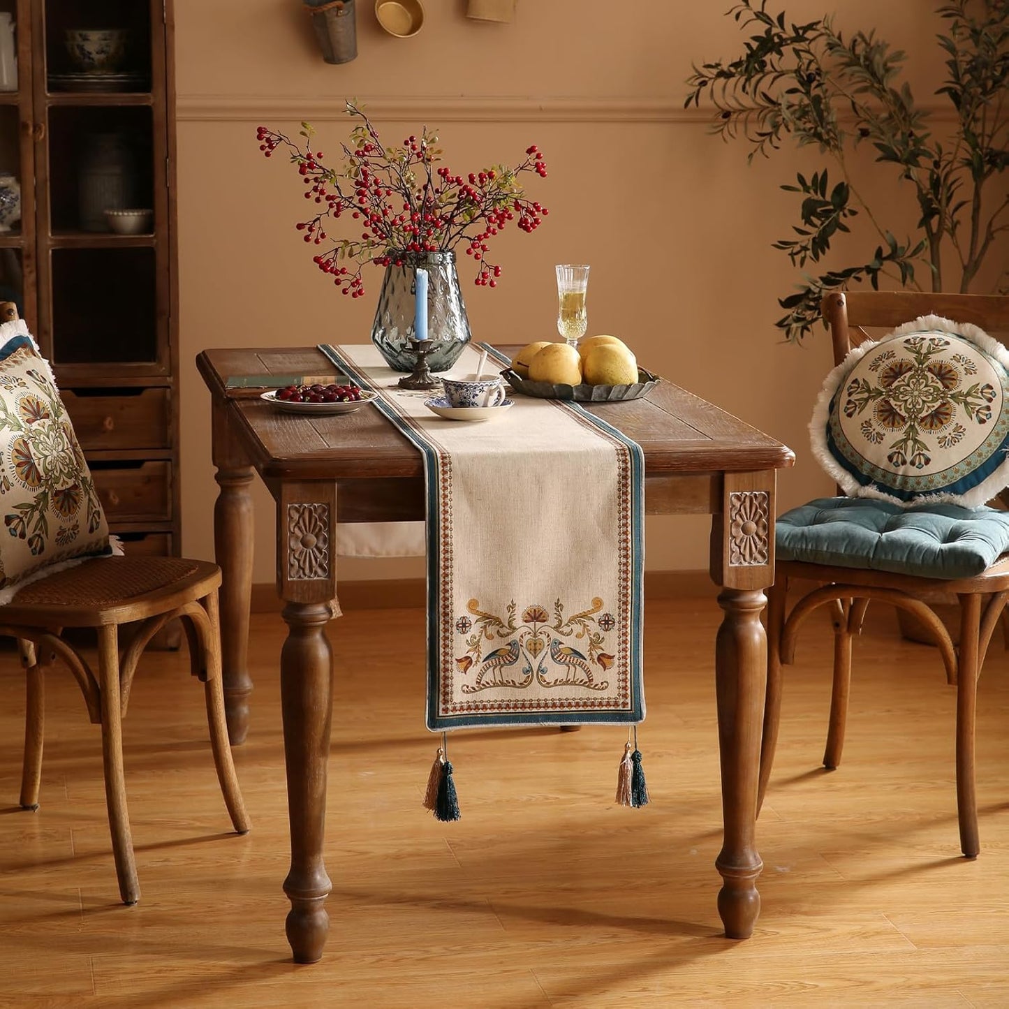 patdrea Designer Beige Farmhouse Geometric Patterned Extra Long,Wrinkle Resistant Linen Table Runner 118 Inch Long,Decoration for Kitchen Dining and Coffee Tables Banquet Christmas , 12"x118"