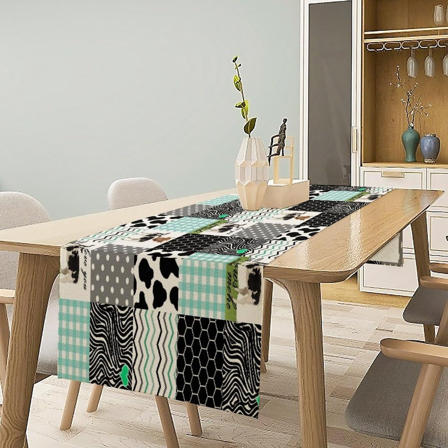 Cute Cow Print Table Runner,Farm Animals Honeycomb Plaid Stripes Cowhide Pattern Tablecloth Burlap for Hotel Indoors Outdoor Dining Room Kitchen Table Decor, 13x108in