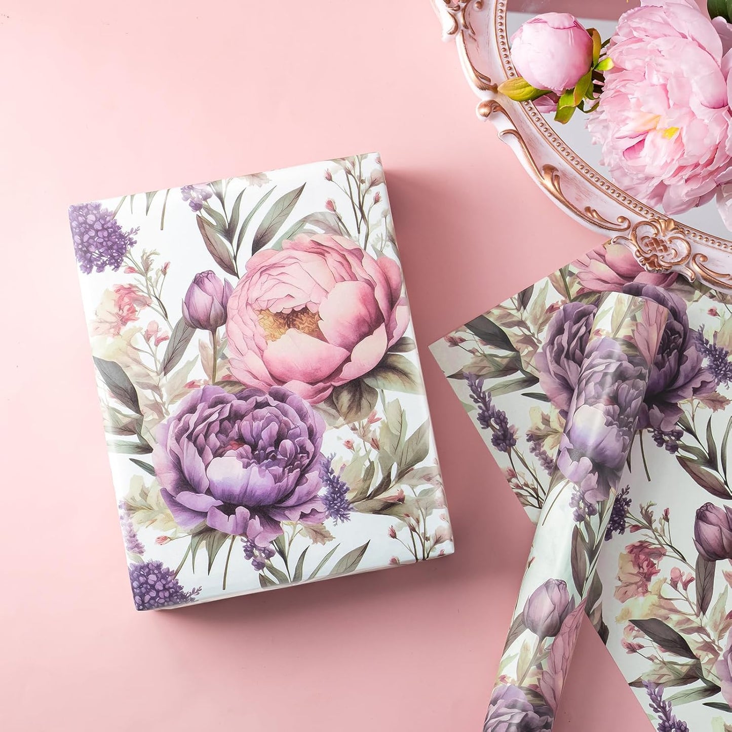 WRAPAHOLIC Floral Wrapping Paper Roll - Mini Roll - 17 Inch x 33 Feet - Purple Flower Wrapping Paper, Perfect for Girls Women Birthday, Wedding, Bridal Shower