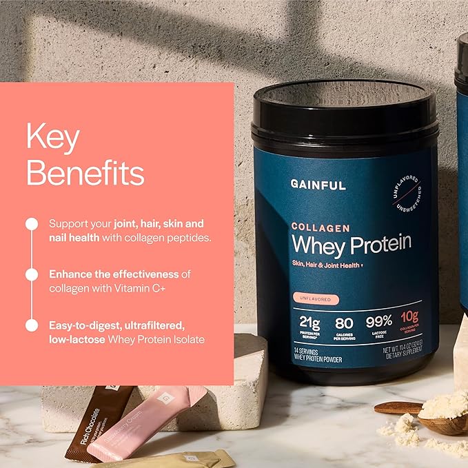 Gainful Collagen Whey Protein Powder, 21g Protein per Serving, Unflavored, Supports Muscle Recovery, Joint Health, and Skin Hydration with Grass-Fed Collagen Peptides, Vitamin C, 14 Servings