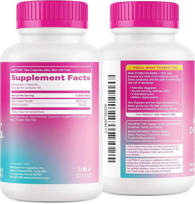 Pink Stork Inositol Supplement for Women - 40:1 Ratio Myo-Inositol & D-Chiro Inositol - Hormone Balance for Women - 2-in-1 Fertility + Ovarian Support - Health, Mood, Energy - 90 Capsules
