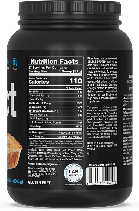 PEScience Select Protein Powder, Whey and Casein Blend, Clean Protein Powder for Women and Men, Low Calorie, Low Carb, Gluten Free - Limited Edition Apple Pie - 27 Servings