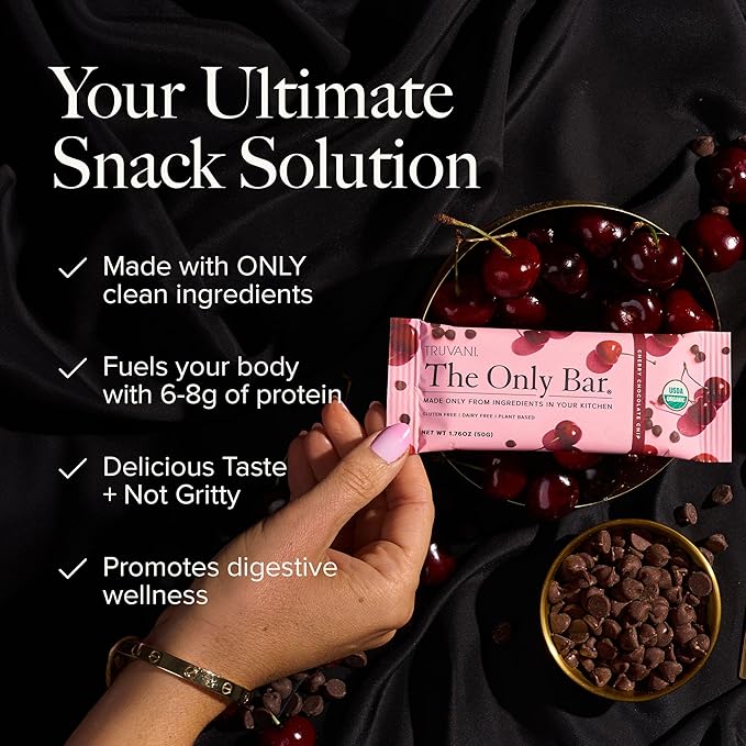 Truvani Plant Based Snack Bars | Cherry Chocolate Chip 12 Pack | 5g Protein | USDA Organic and Vegan | The Only Bar | Dairy, Soy, and Gluten Free | Individually Wrapped