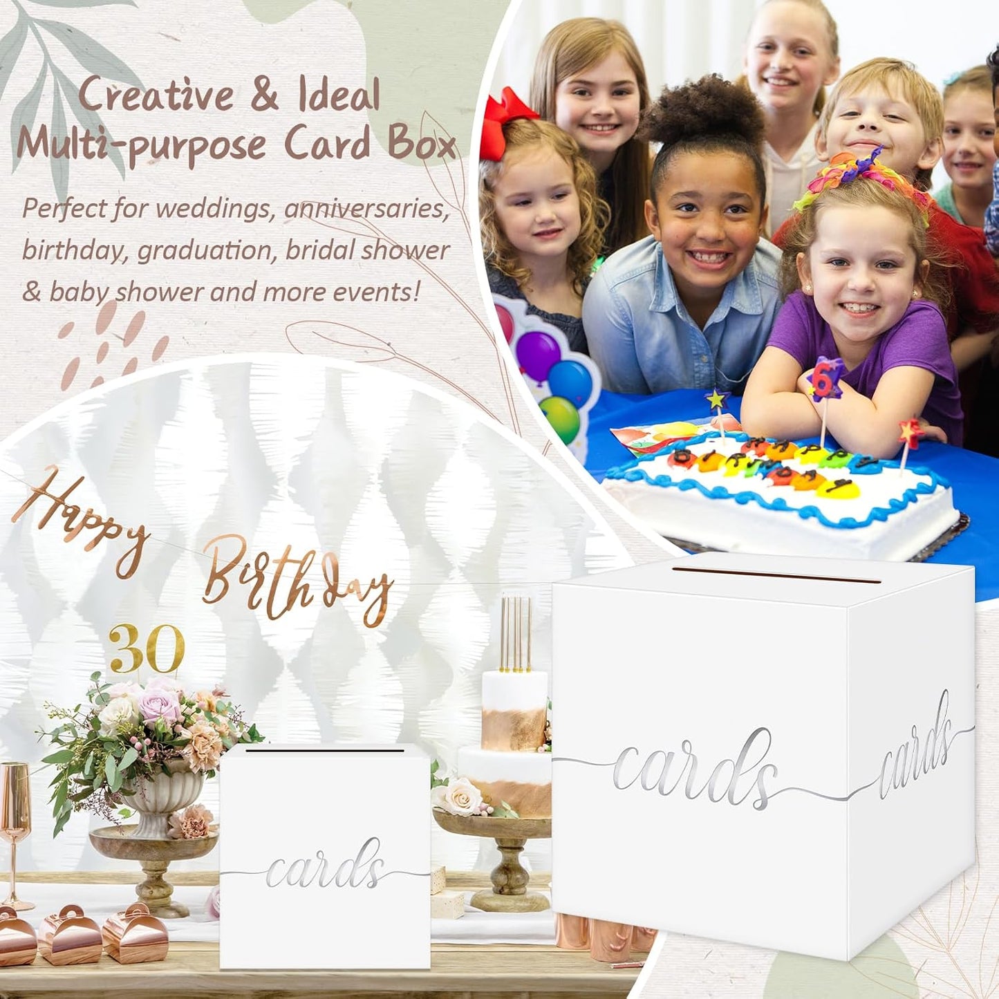 QIKSION White Wedding Card Box, Silver Foil Gift Card Box for Party, Wedding Reception, Graduation, Birthday, Baby Shower, Raffle