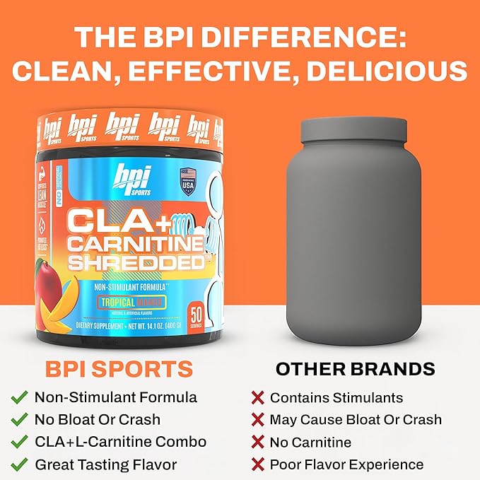 BPI Sports CLA + Carnitine Shredded - Convert Fat Cells Into Energy and Supports Lean Muscle, Boost Metabolism - Non-Stimulant L-Carnitine Supplement - Tropical Mango (14.1 oz. / 50 Servings)