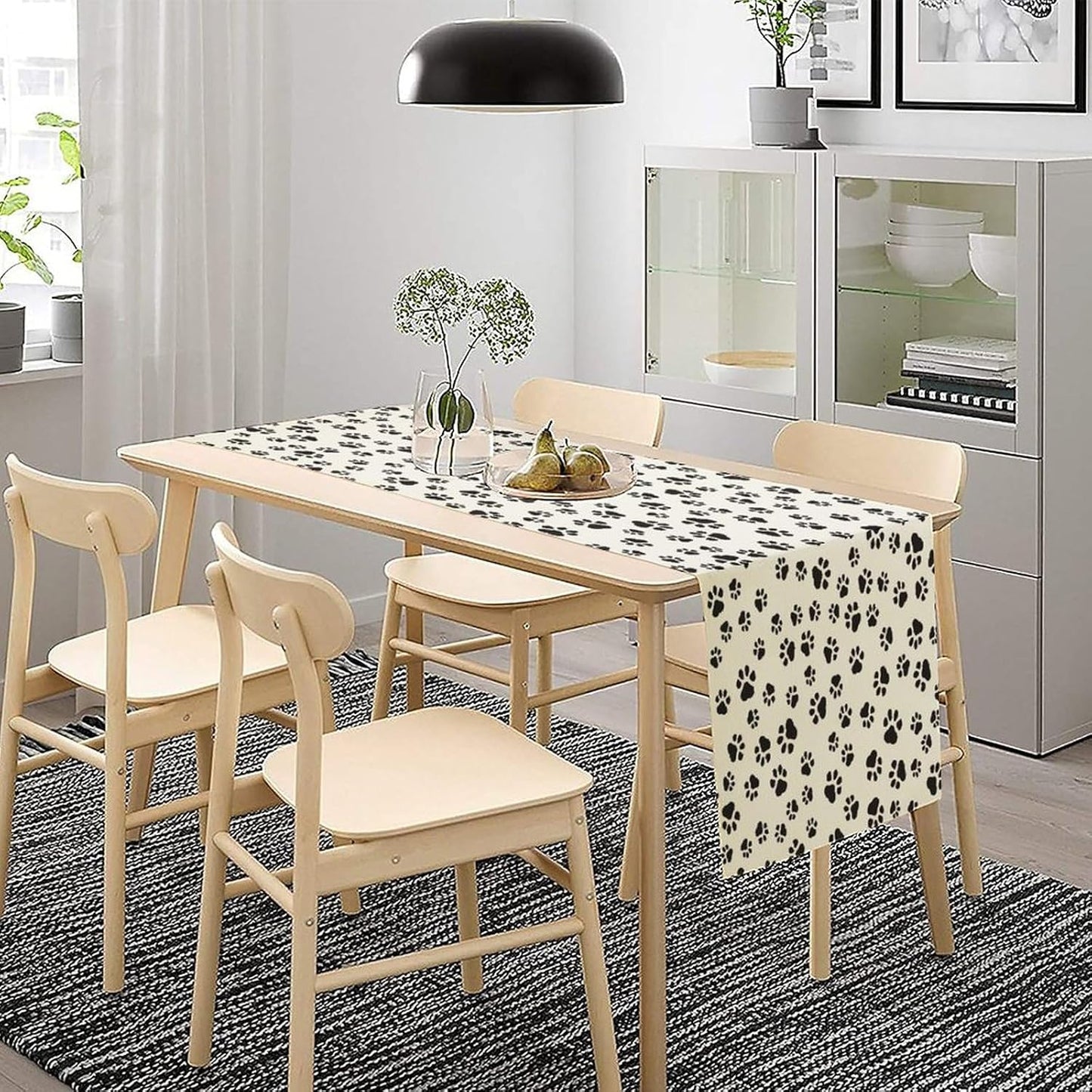 Dog Paws Table Runner,Cartoon Cute Black White Animal Footprints Abstract Tablecloth Burlap for Hotel Indoors Outdoor Dining Room Kitchen Home Decor,W13X L80 in