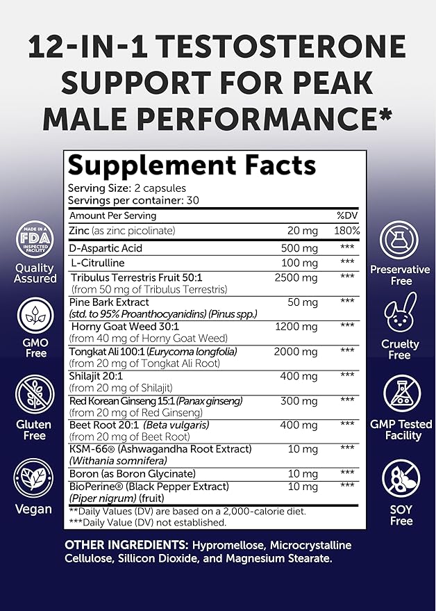 Lunakai USA Made Natural Testosterone Booster for Men with Tongkat Ali, Ashwagandha & Shilajit - Testosterone Supplement for Strength, Energy & Stamina, 60ct