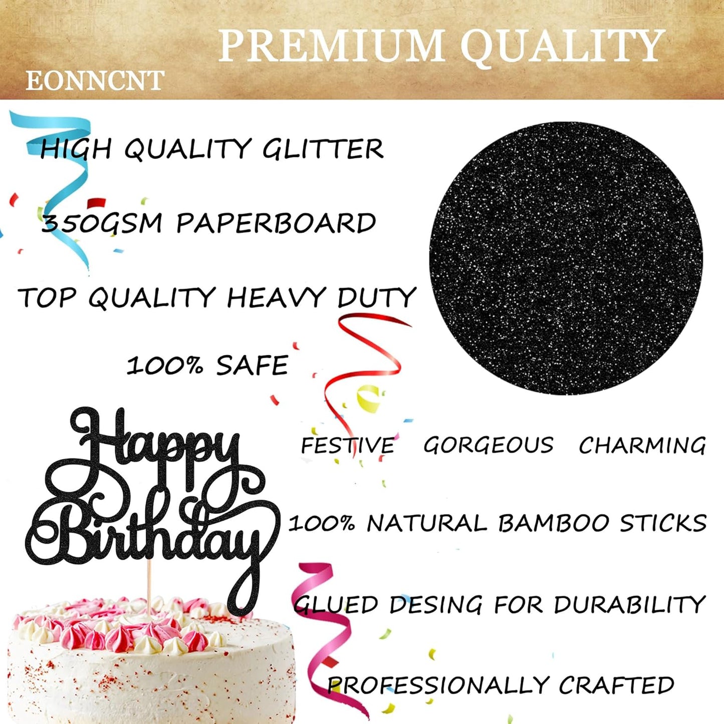Happy Birthday Cake Topper - Black Glitter Birthday Party Cake Decoration Supplies - Happy Birthday Cake Decor, for Anniversary/Birthday Party Supplies Photo Booth Props