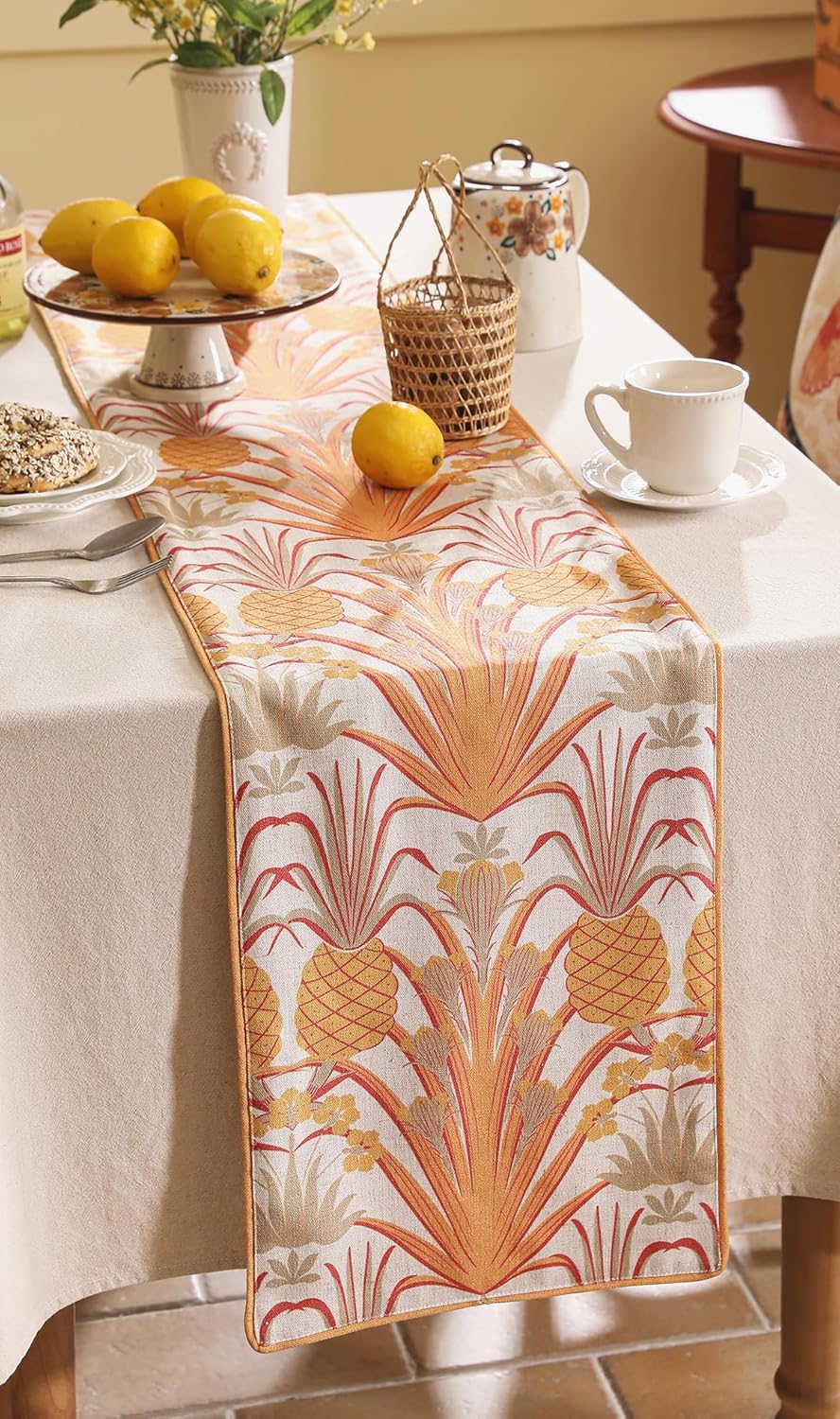 patdrea Designer Tropical Linen Table Runner 102 Inch Long, Yellow Vintage Elegant with Pineapple Pattern Table Mat,Decoration for Kitchen Dining Coffee Table Cover Banquet Christmas , 12"*102"