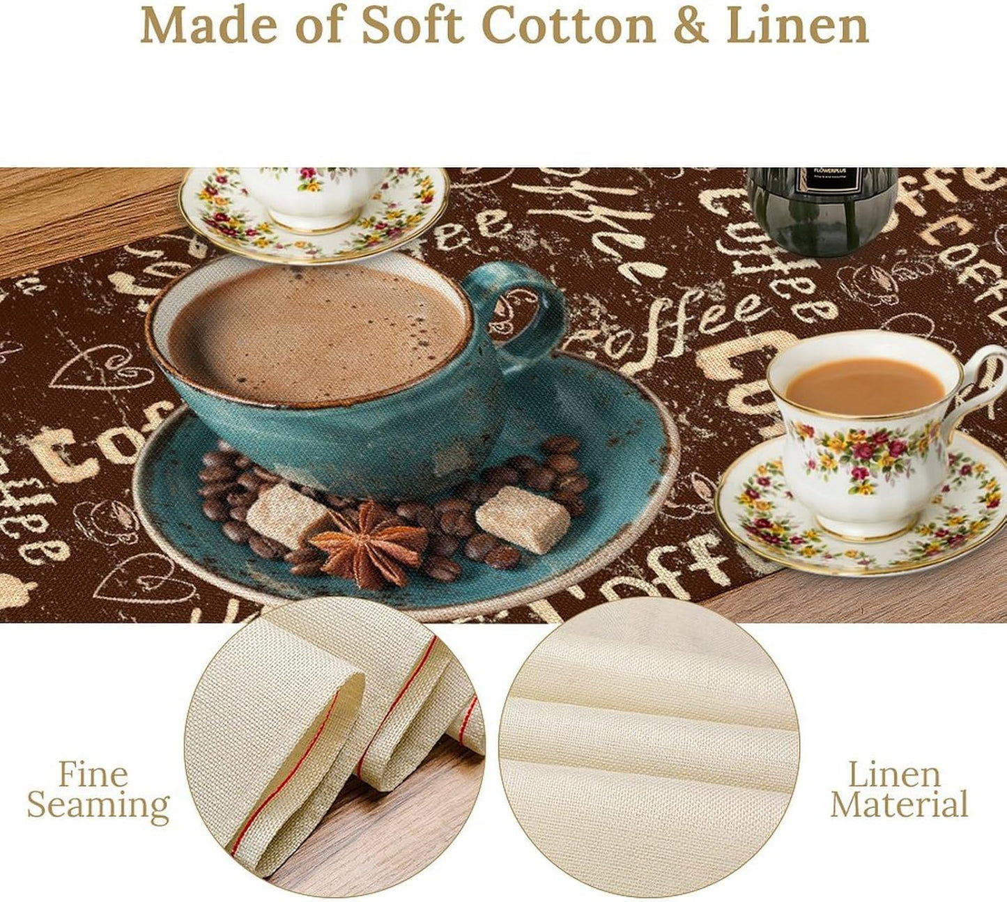 Coffee Theme Table Runner, Farmhouse Retro Brown Coffee Cup Tea Party Rustic Cafe Table Center Decor for Home Kitchen Dining Patio Holiday Party Indoor Outdoor Table Decorations,13"x72" Inch