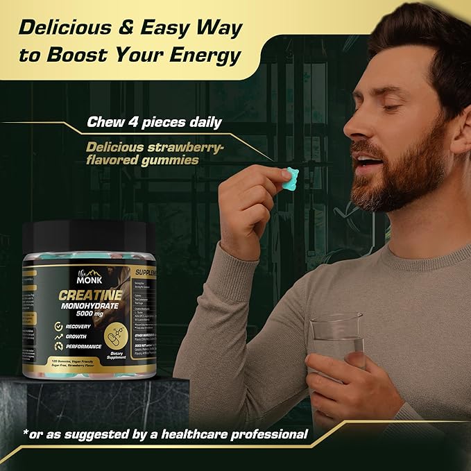 THE MONK Creatine Monohydrate Gummies for Men & Women - Sugar Free, Vegan, Gluten-Free, Non-GMO - 5000 mg Per Serving - 120 Gummies