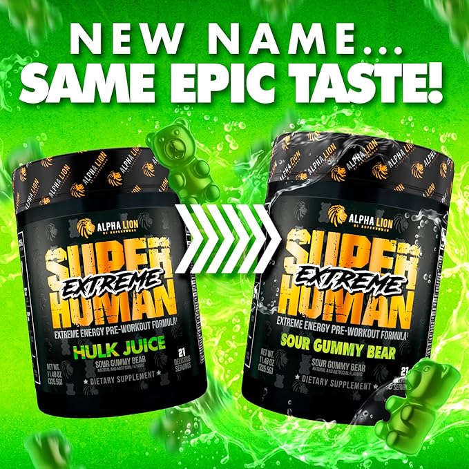 ALPHA LION Superhuman Extreme High Stim Pre Workout Powder, Beta Alanine, L-Taurine & 356mg Tri-Source Caffeine for Sustained Energy, Nitric Oxide & Citrulline for Pump (21 Servings, Sour Gummy Bear)