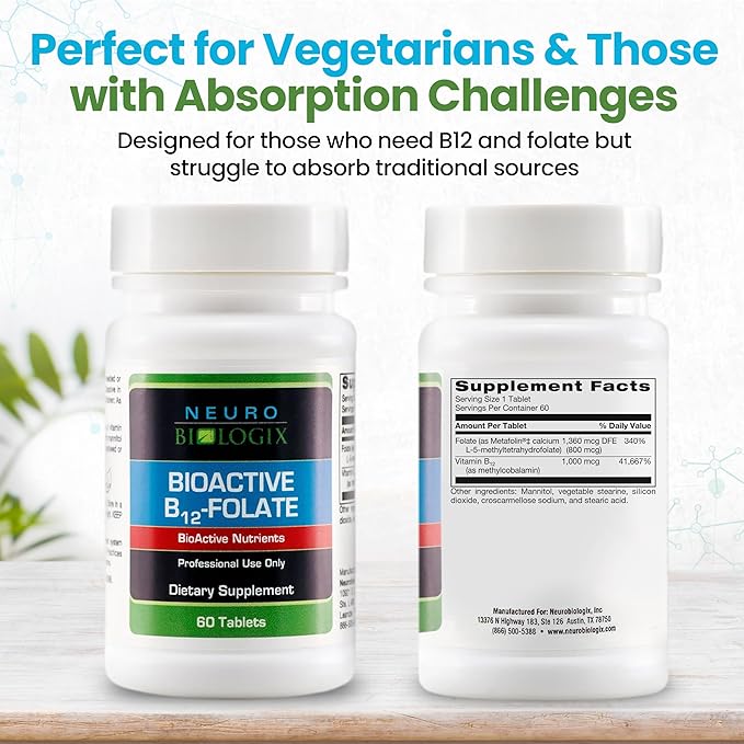 B12 Folate - Methyl Folate Supplement to Support Methylation & Vital Body Functions – With Bioavailable B12 (Methylcobalamin) & Folate (Metafolin® 5-MTHF) for Enhanced Absorption - 60 Tabs