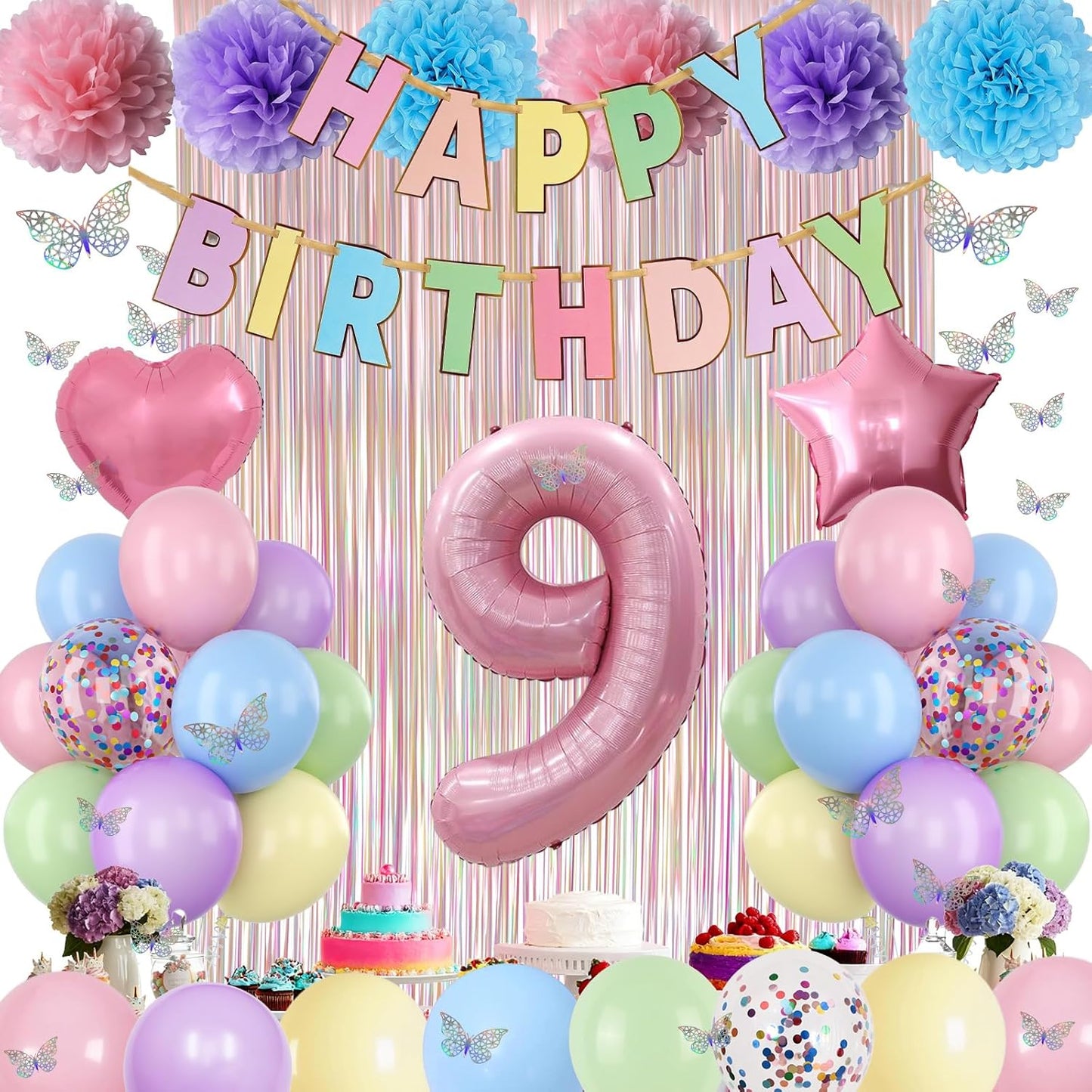 Pastel 9th Birthday Party Decorations for Girls Number 9 Balloon Happy Birthday Banner Butterfly Stickers Fringe Curtain Paper Pom Poms Macaron Pink Star Heart Foil Colorful Balloons 9 Year Old Decor