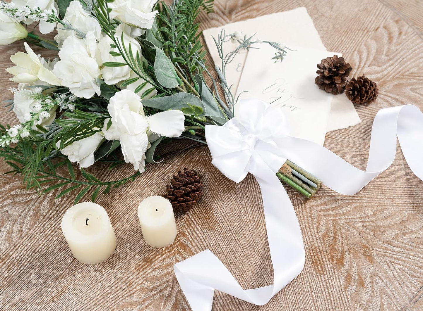 White Satin Ribbon 1-1/2 Inch x 50 Yards Double-Faced Hair Ribbons for Flower Bouquet Wrapping Paper Bows Gift Wedding Invitations Crafts