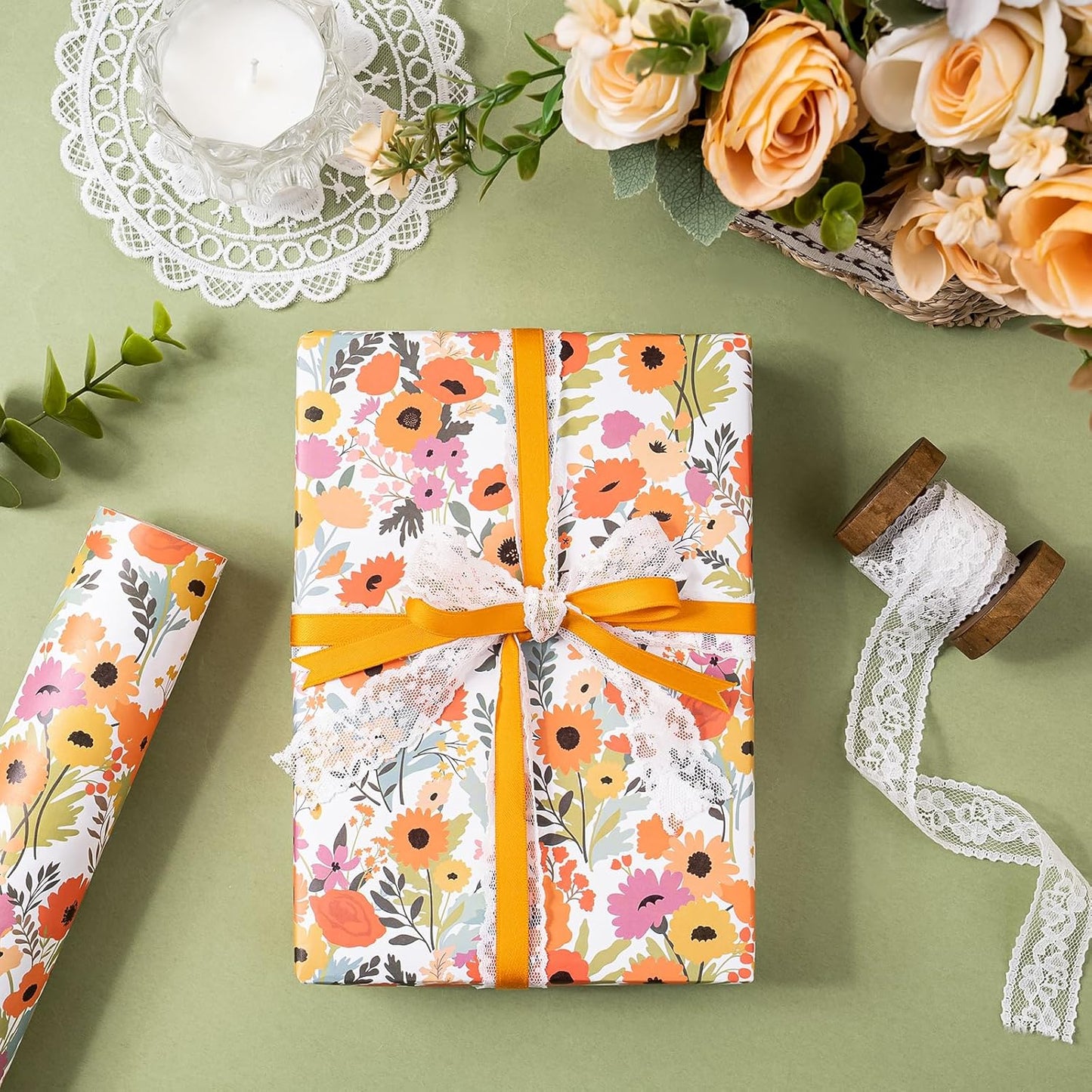 WRAPAHOLIC Kraft Floral Wrapping Paper Roll - Mini Roll - 17 Inch x 33 Feet - Bright Summer Flower Wrapping Paper, Perfect for Wedding, Birthday, Bridal Shower, Tea Party