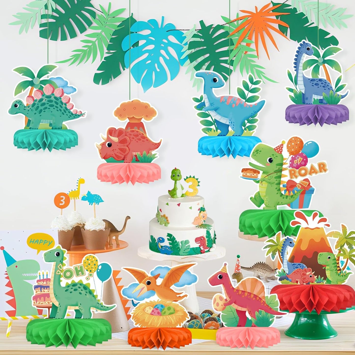 Dinosaur Birthday Party Supplies Kit - Dinosaur Themed Table Decorations with Honeycomb Centerpiece for Splendid Dinosaur Birthday Party Decorations