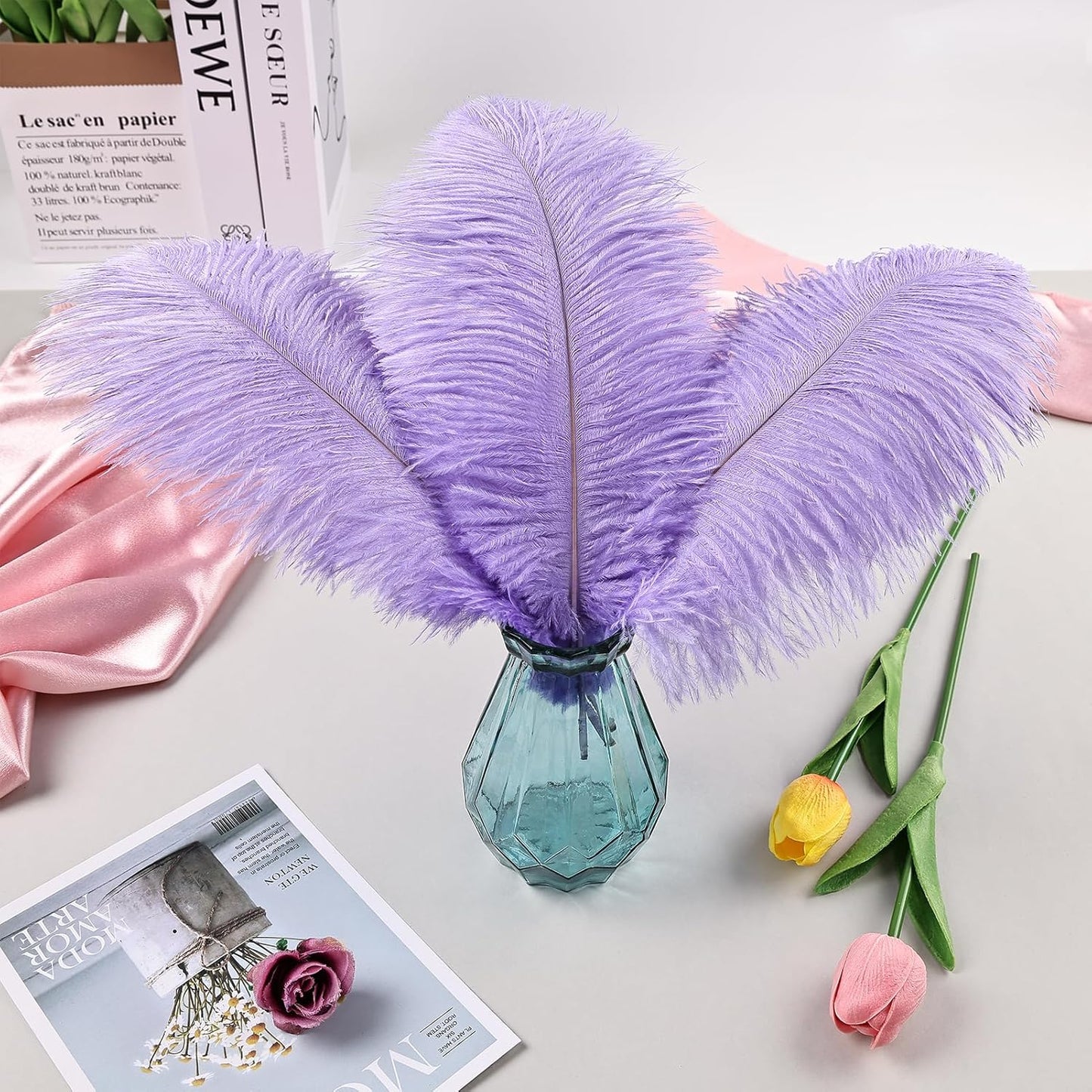 THARAHT Lavender Ostrich Feathers 12pcs Natural Bulk 10-12Inch 25cm-30cm for Crafts Wedding Party Centerpieces Easter Gatsbi and Decoration Feather