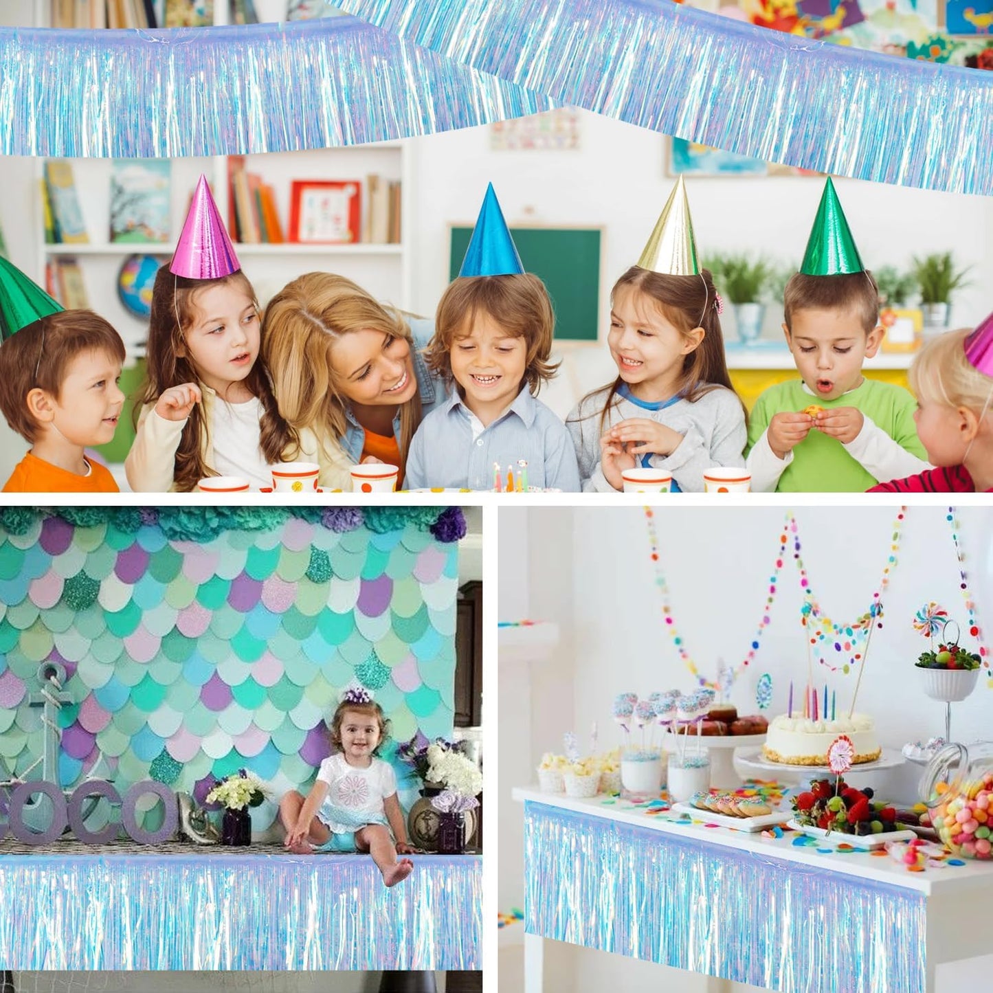 BEISHIDA 3 Packs 30 Feet Metallic Foil Fringe Garland Tinsel Streamers,Iridescent Blue Wall Hanging Tinsel Fringe Banners for Wedding Birthday Party Decoration Halloween Christmas New Year