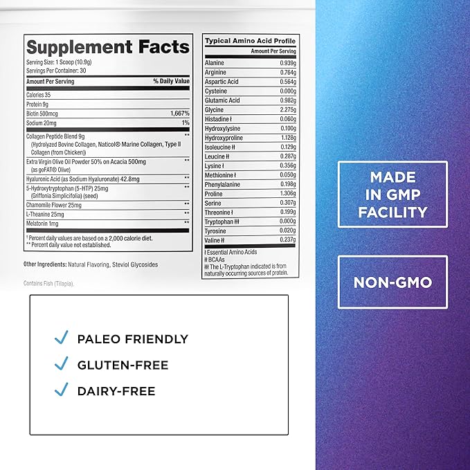 DR. EMIL NUTRITION Collagen Peptides Powder Plus Sleep Support - Collagen Powder for Women with 5-HTP, Melatonin & L-Theanine - Collagen Supplements with Biotin for Hair, Skin & Nails