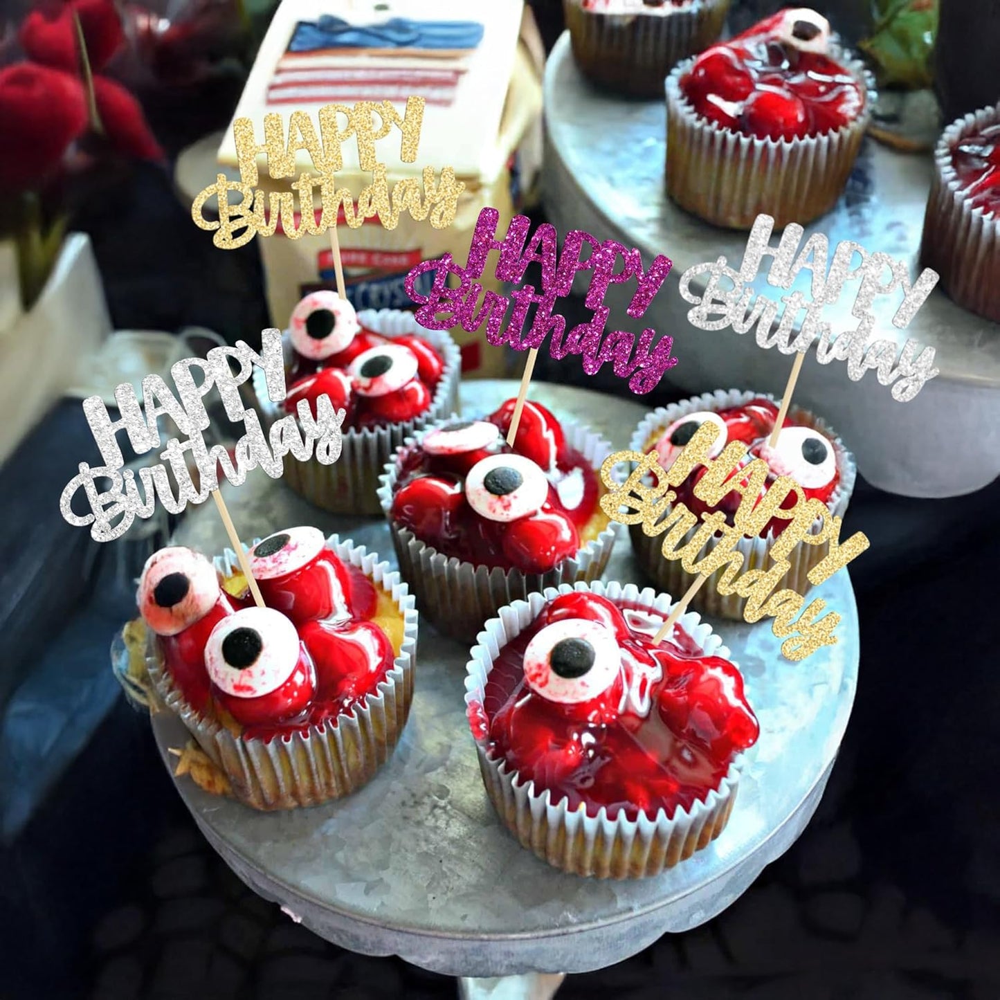 Gyufise 24Pcs Happy Birthday Cupcake Toppers Glitter Birthday Cupcake Food Picks for Celebrating Hunter Theme Party Cake Decorations Supplies Purple Gold Silver