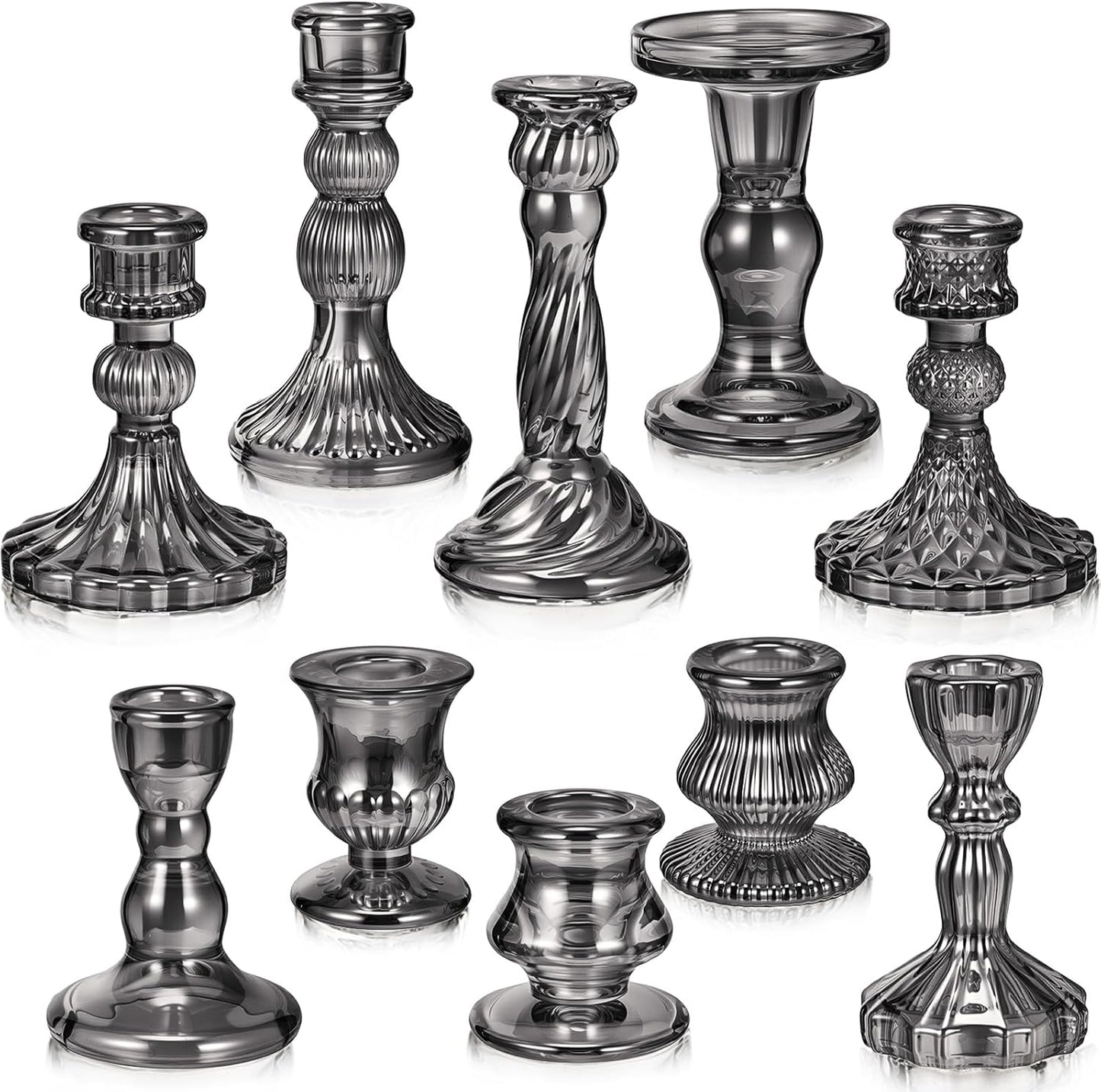 Mumufy 10 Pcs Glass Crystal Taper Candle Holders Clear Glass Candlestick Holder Fit 0.8 Inch Candles Crystal Decorative Candle Stand Centerpiece Table Wedding Dining Party (Classic,Black)