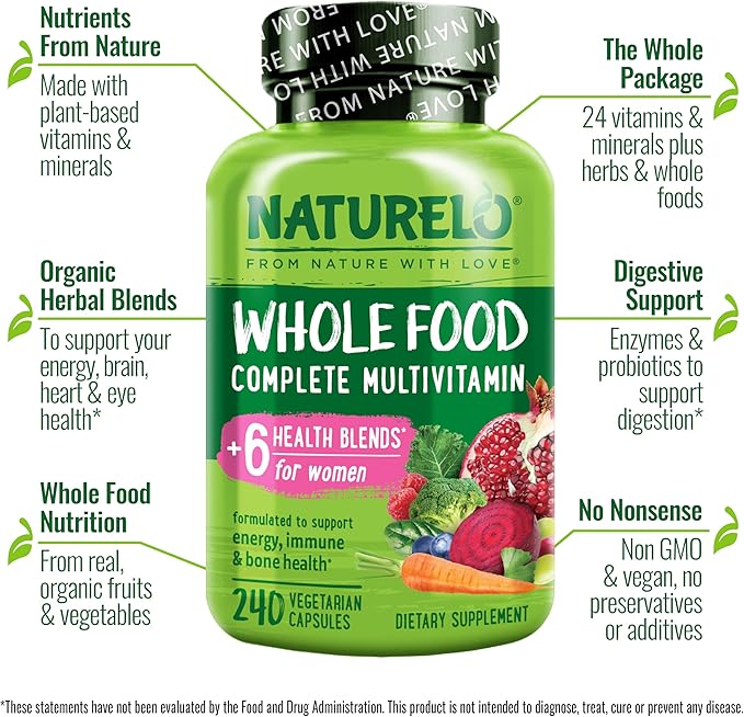 NATURELO Whole Food Multivitamin for Women - with Vitamins, Minerals, & Organic Extracts - Supplement for Energy and Heart Health - Non GMO - 240 Vegan Capsules