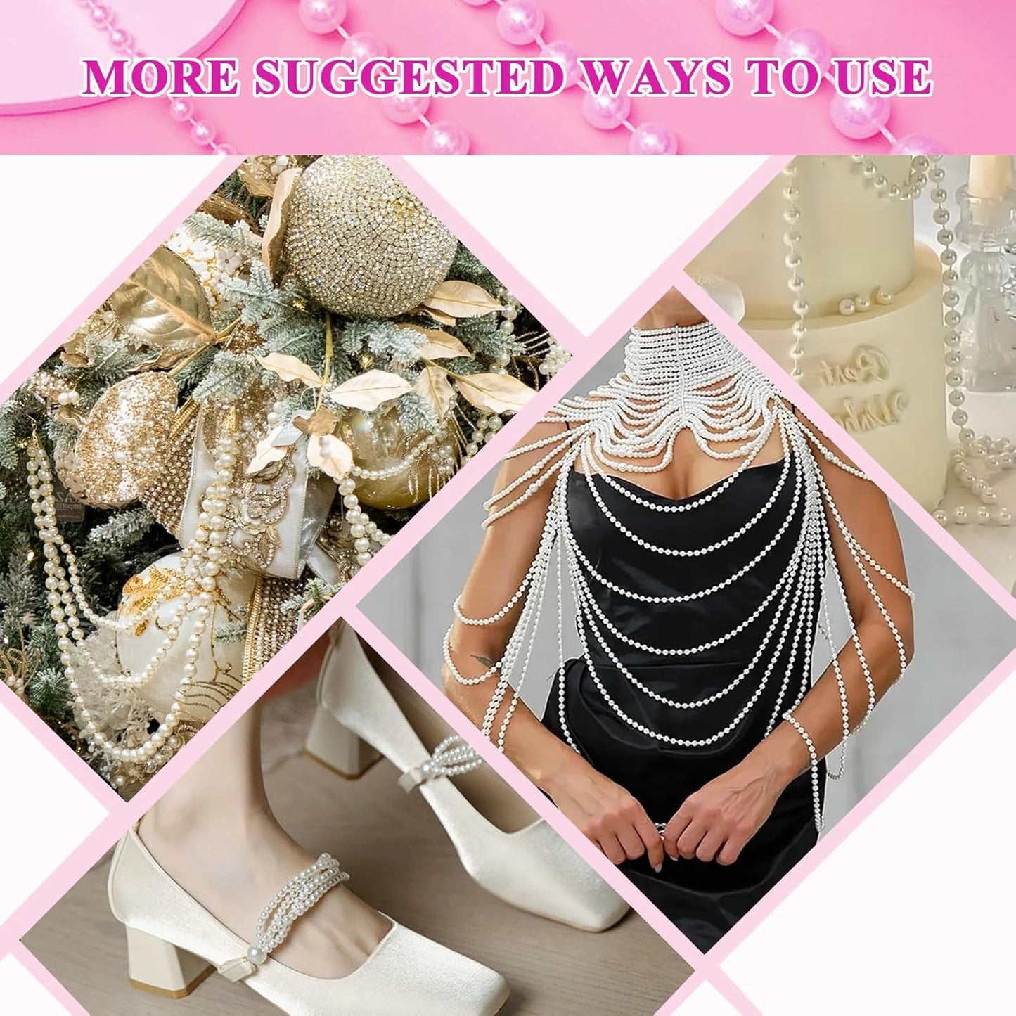 99 Feet 6mm Pearl Strings Garland for Crafts, Artificial Pearl Beaded Trim Chain Roll Strands for Wedding Centerpieces Bouquet Party Decoration Christmas Tree Garland, White