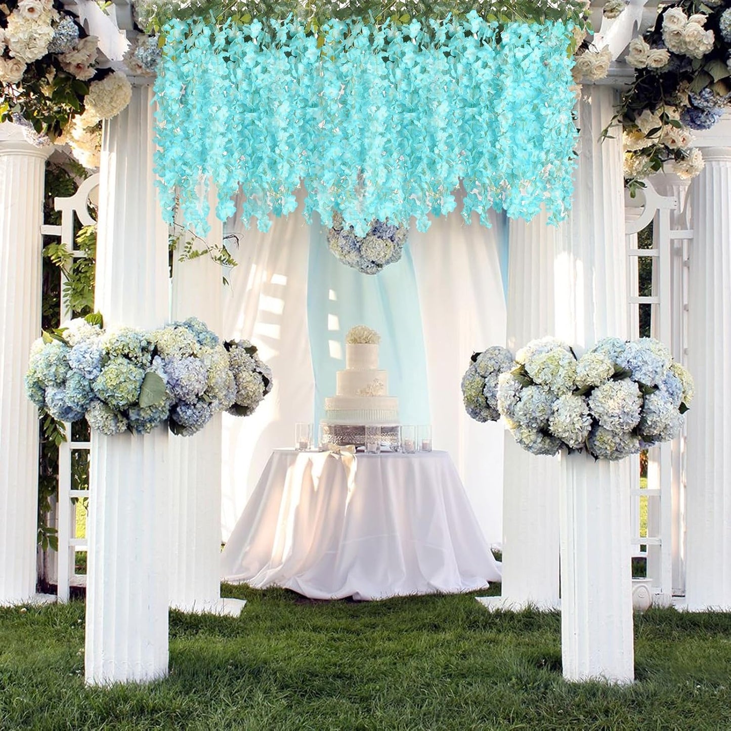 24 Pack Teal Wisteria Hanging Flowers, 3.4 Ft Fake Hanging Flowers, Artificial Wisteria Garland Vines for Wedding Room Backdrop Outdoor Patio Garden Decoration