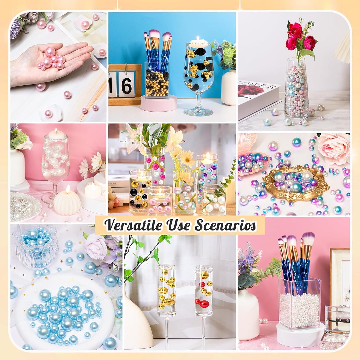 300Pcs Pearl Vase Filler, Ivory No Hole Faux Pearl Beads for Centerpieces Vases, Candle Centerpieces, Wedding Birthday Party Home Decor 8/10/14/20mm