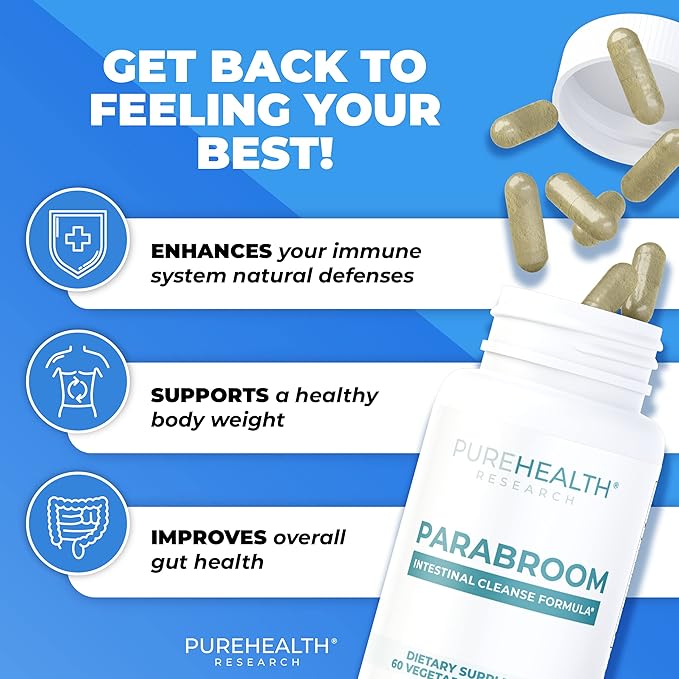 PUREHEALTH RESEARCH Parabroom - Gut Cleanse & Health Supplement - with Black Walnut, Sweet Wormwood Powder, Turmeric Extract, Olive Leaf, Garlic & Onion - Digestive Support for Women & Men 60 Capsules