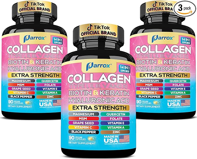Collagen Peptides Types I, II, III, V & X, MCG Biotin, Keratin, Hyaluronic Acid, MSM, Zinc, Grape Seed Extract, Quercetin, Vitamin A, C & E, Folate, Black Pepper, Magnesium, Folic Acid (3 Pack)