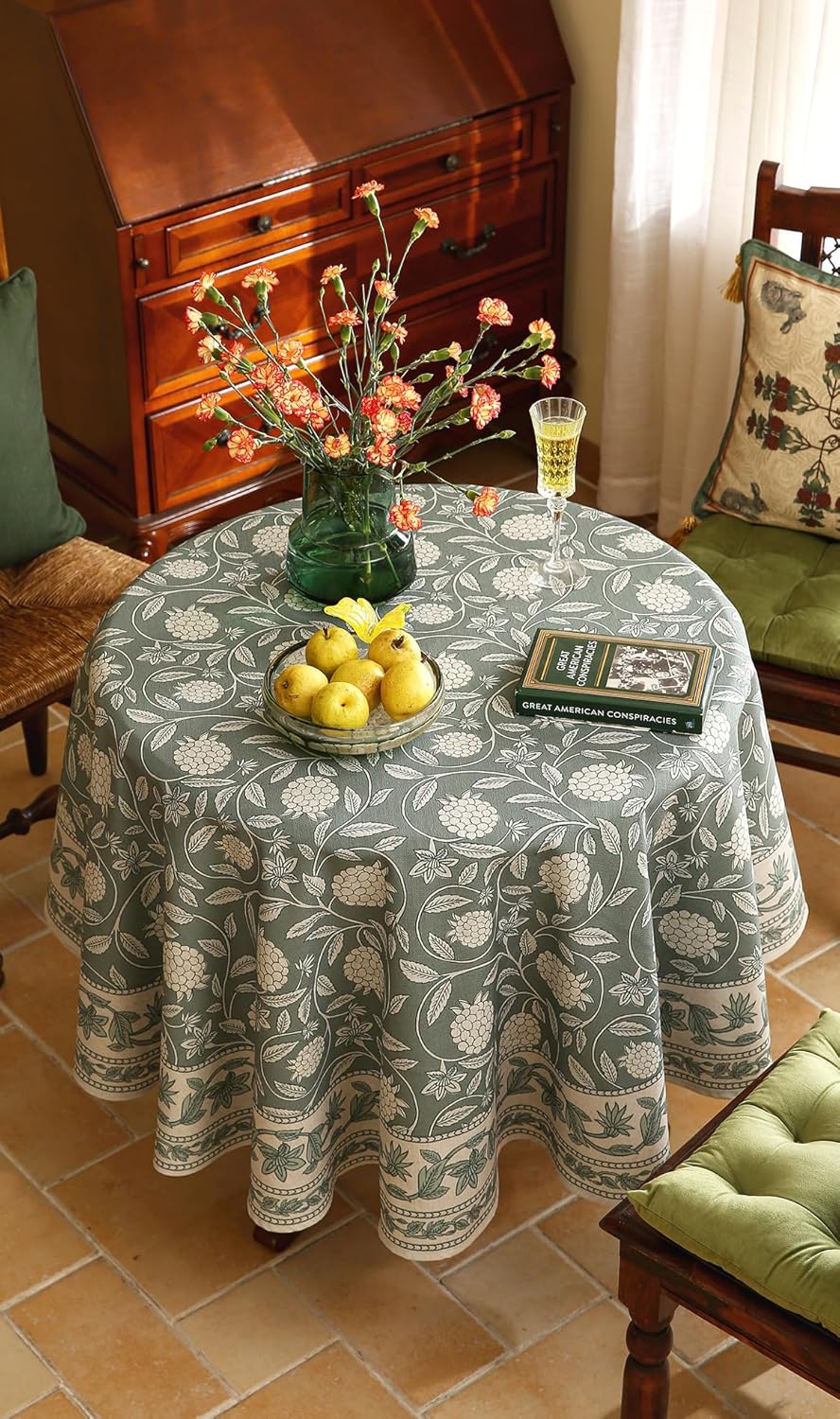ISAENNE Designer Grayish Green Linen Small Round Tablecloth,Floral Stain Resistant Table Cloth,Fall Vintage Decor Tablecloths for Dining Thanksgiving Kitchen Party,Diameter 55"-Andrew A