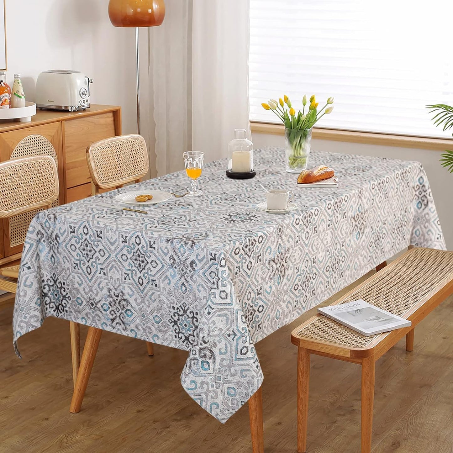 MYSKY HOME Rectangle Tablecloth 60x84 Inches -Linen Farmhouse Geometric Patterned Tablecloth Waterproof Decorative Washable Fabric Table Cloth for Kitchen Dining Moroccan Tablecloth, Grey