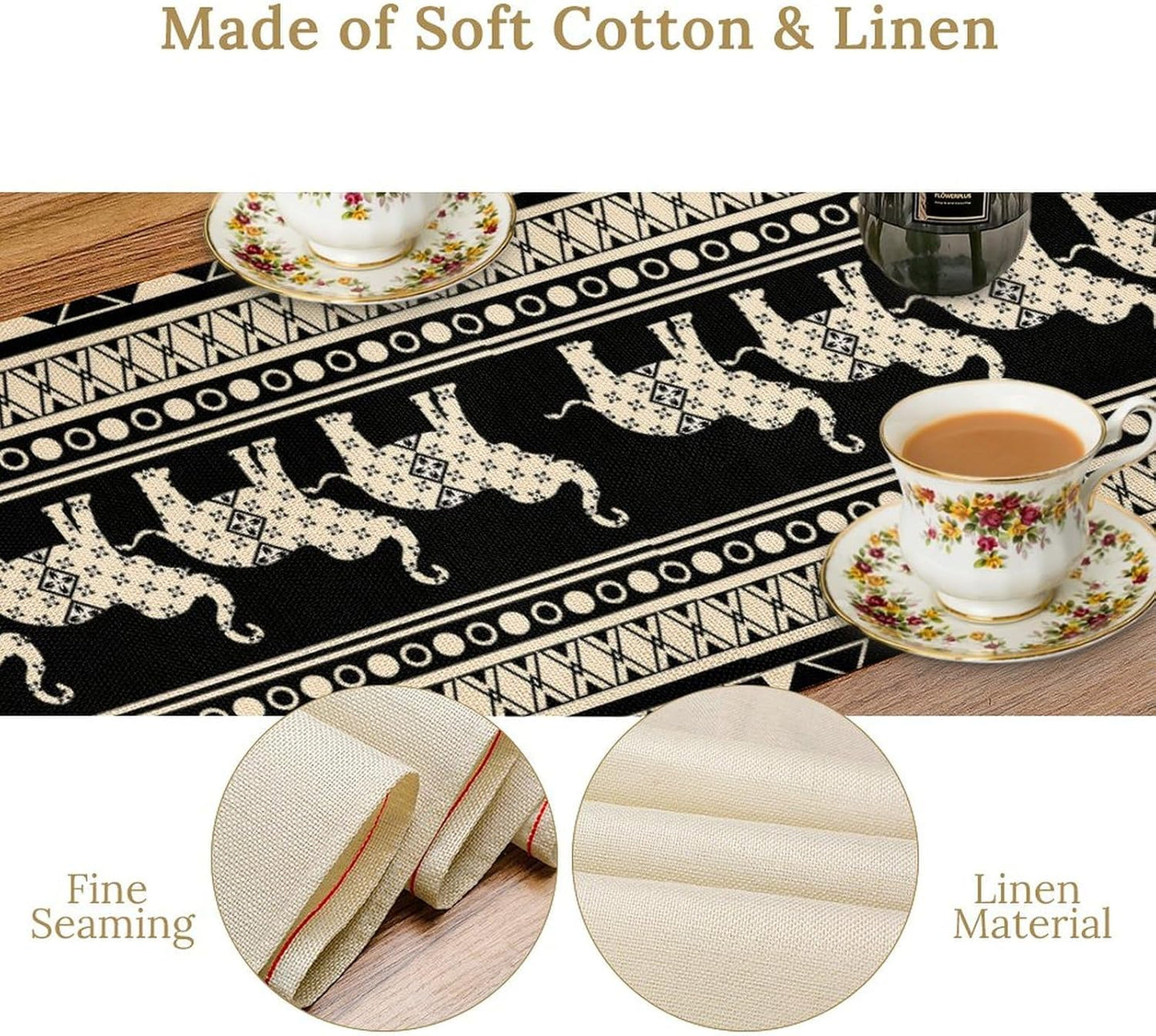 Ethnic Table Runner, Rustic Farmhouse Boho Geometric Elephant Aztec Tribal Print Black Table Center Decor for Home Kitchen Dining Patio Holiday Party Indoor Outdoor Table Decorations, 13"x108" Inch