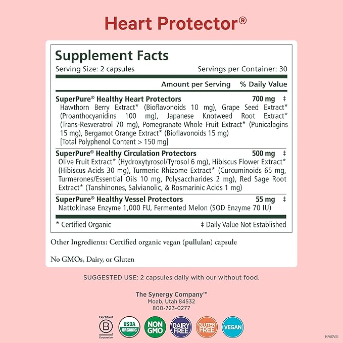 PURE SYNERGY Heart Protector | Organic Holistic Heart Supplement with Organic Hawthorn Berry, Resveratrol, and Nattokinase | for Blood and Vascular Support (60 Capsules)