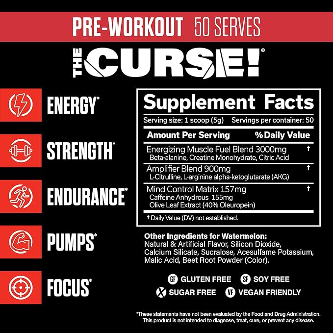 JNX SPORTS The Curse! Pre Workout Powder for Men & Women, Caffeine, Beta-Alanine, Creatine, L-Citrulline, 50 Servings, Watermelon Flavor – Boost Energy, Strength & Focus