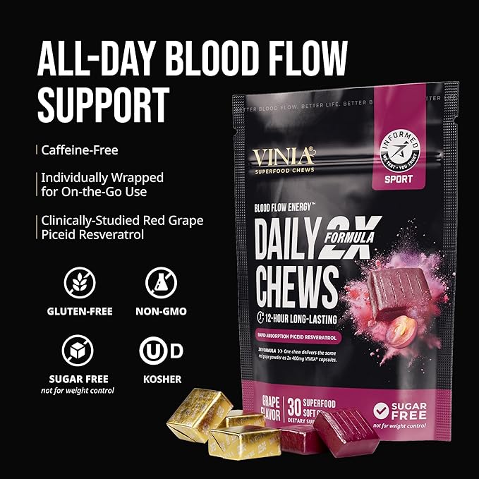 VINIA Superfood Daily Chews 2X Formula – Red Grape Chews Made with Real Piceid Resveratrol for Heart Health, Nitric Oxide, Physical Energy, Alertness, Blood Flow, Kosher, Non-GMO – 30 Ct