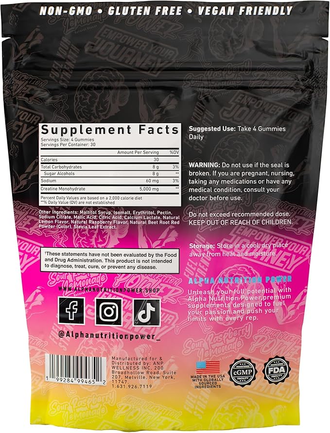 Creatine Monohydrate Gummies 5g for Men & Women, Supplement for Muscle Growth, Energy & Strength, Creatine Gomitas, Sour Raspberry Lemonade, Pre-Workout Gummies, 120 ct