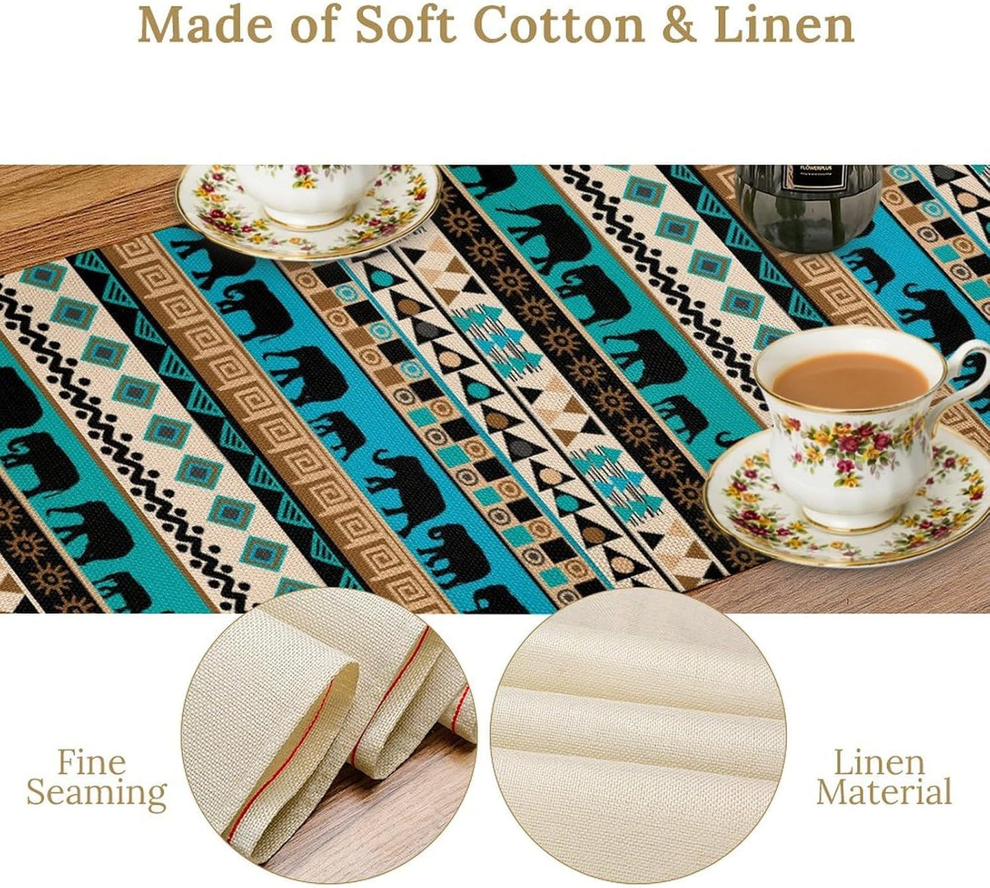 Boho Table Runner, Rustic Aztec Blue Teal African Elephant Tribal Ethnic Native Farmhouse Table Center Decor for Home Kitchen Dining Patio Holiday Party Indoor Outdoor Table Decorations, 13"x36" Inch