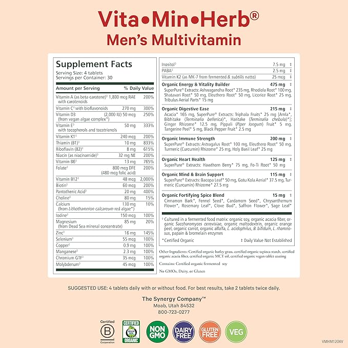 PURE SYNERGY Vita·Min·Herb for Men | Men’s Comprehensive Multivitamin Supplement | Made with Organic Whole Food Non-GMO Ingredients | Daily Energy & Immune Support (120 Tablets)