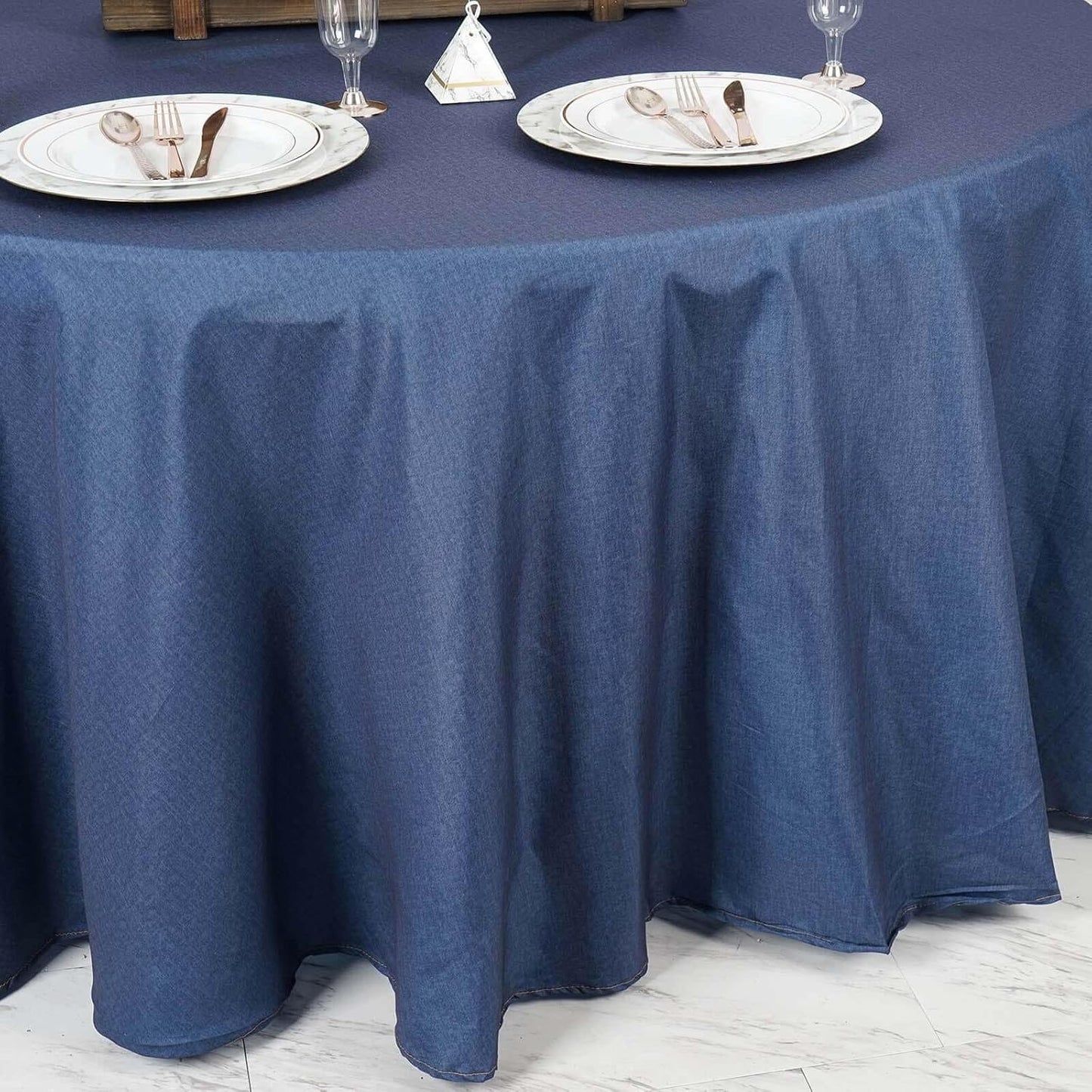 Efavormart 120" Dark Blue Faux Denim Polyester Round Tablecloth for Wedding Party Banquet Restaurant