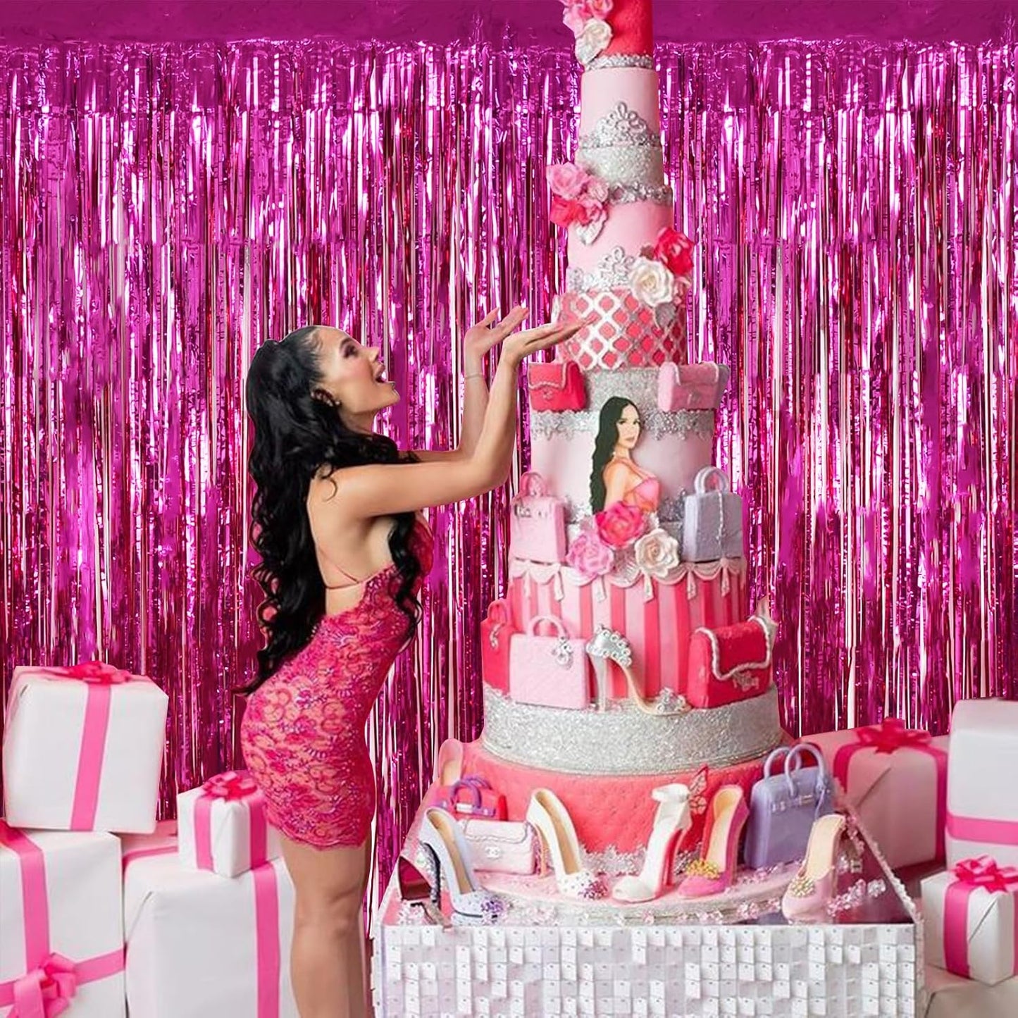 BEISHIDA 4 Pcs Hot Pink Rosered Door Streamers Curtain Party Streamers Backdrop Fringe Foil Wall Background for Party Decoration Photo Booth Props(3.28 ft x 6.56 ft)