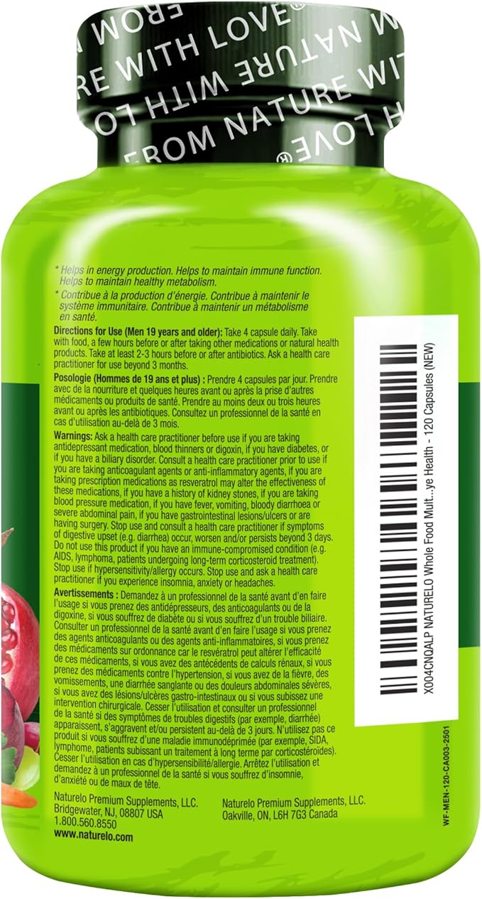 NATURELO Mens Multivitamins - Whole Food Multivitamin for Men with Vitamins, Minerals - 120 Vegetarian Capsules for Energy, Brain, Heart, Eye Health*