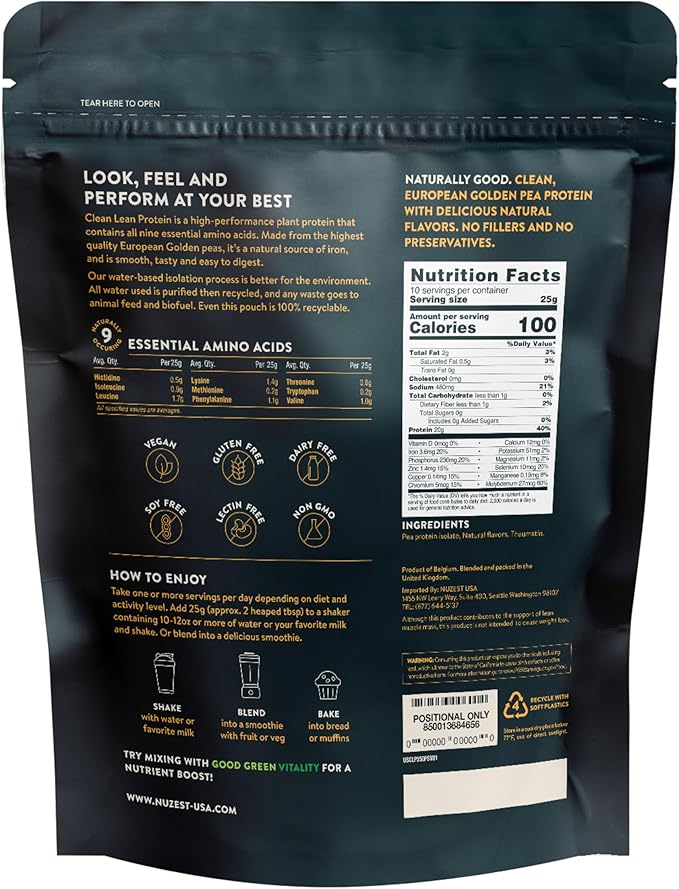 Nuzest - Pea Protein Powder - Clean Lean Protein, Premium Vegan Plant Based Protein Powder, Dairy Free, Gluten Free, GMO Free Protein Shake, Smooth Vanilla, 8.8 oz