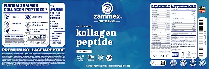 Zammex Premium Collagen Peptides Powder Unflavored,Hydrolyzed Proteins Types I & III, Supports Hair, Skin, Nails, Joints, Grass Fed, Non-GMO, Gluten-Free,Paleo & Keto Friendly,60 Servings
