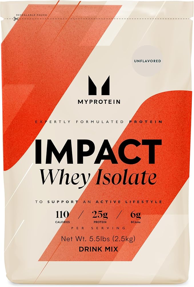 Myprotein Impact Whey Protein Isolate, 5.5 Lbs (81 Servings) Unflavored, 25g Protein, 3.5g Glutamine & 6g BCAA Per Serving