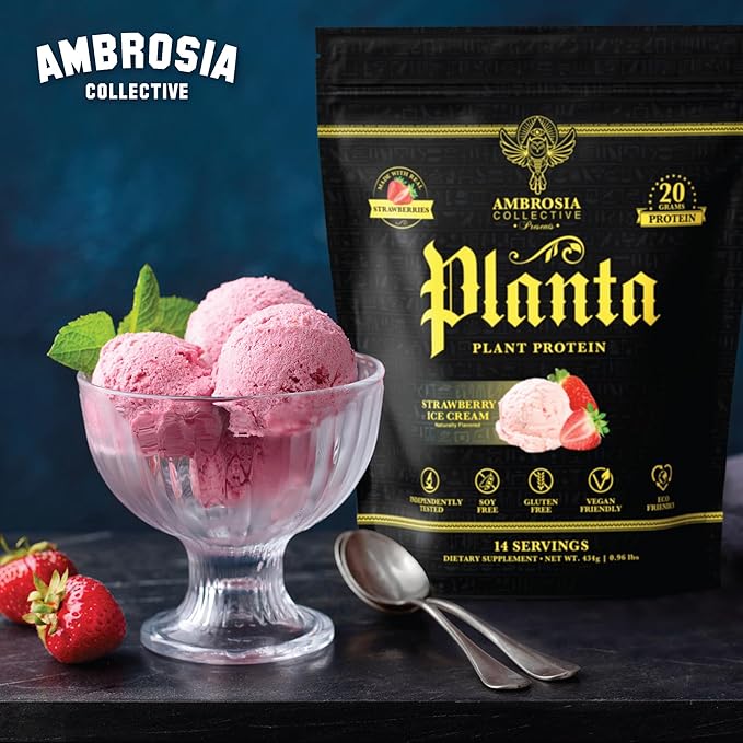 Ambrosia Planta - Premium Organic Plant-Based Protein | Vegan & Keto Friendly | Gourmet Flavors with No Bloating or Stomach Upset | No Added Sugar | 14 Servings | (Strawberry Ice Cream)
