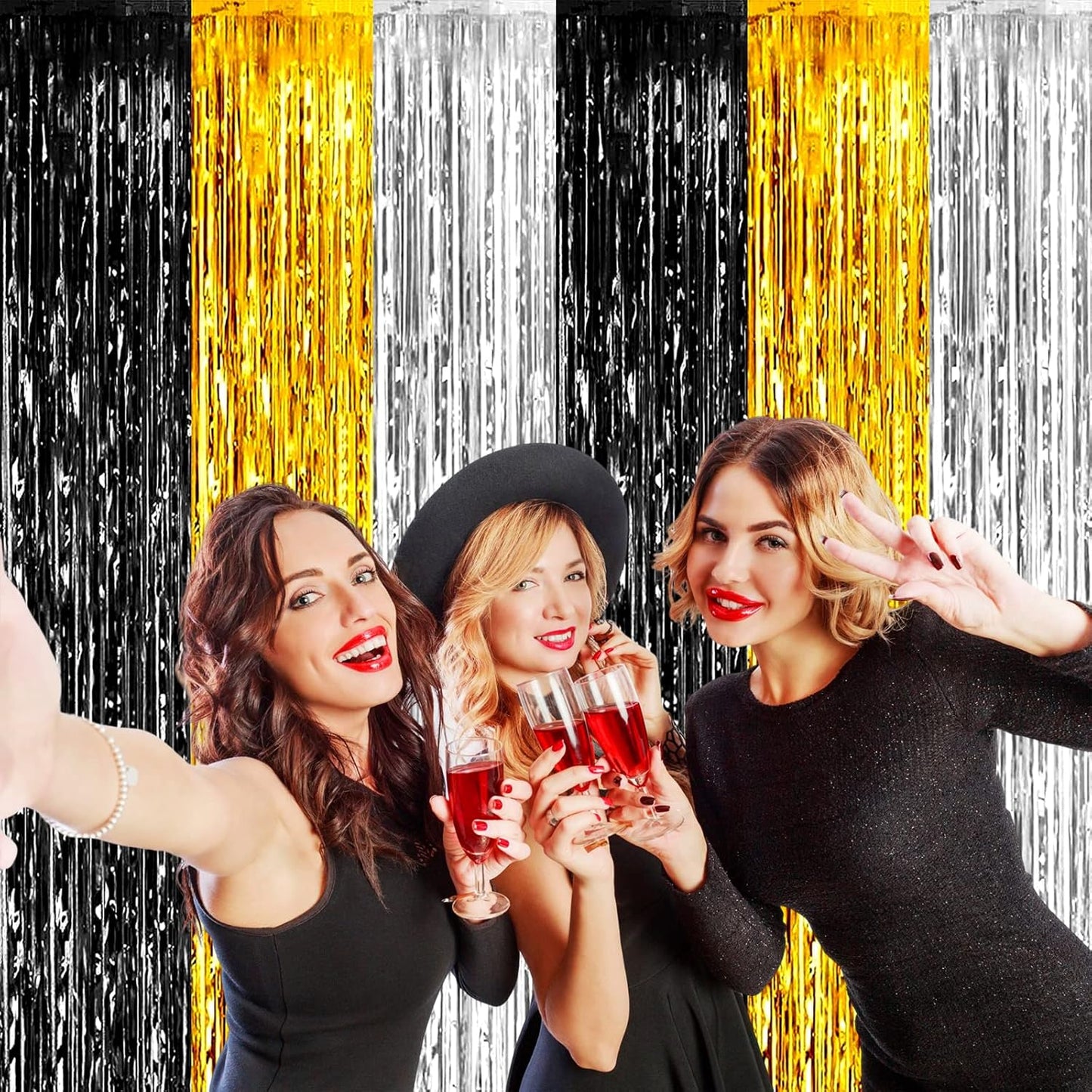 4 Pack Black Gold Silver Foil Fringe Curtain Backdrop, 3.28Ft x 8.2Ft Metallic Tinsel Foil Fringe Streamers for Photo Booth, Wedding, Notorious One Birthday Roaring 20s Graduation Party Decoration